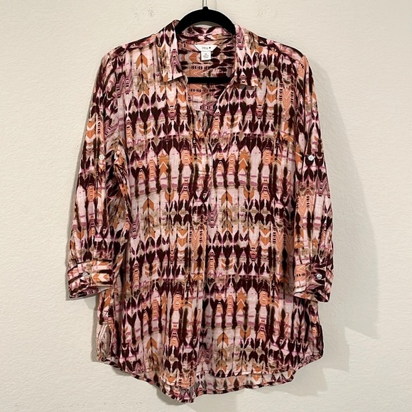 Intro Women Tunic Top Medium Orange Colorful Abstract Linen Contemporary Boho - Picture 1 of 14